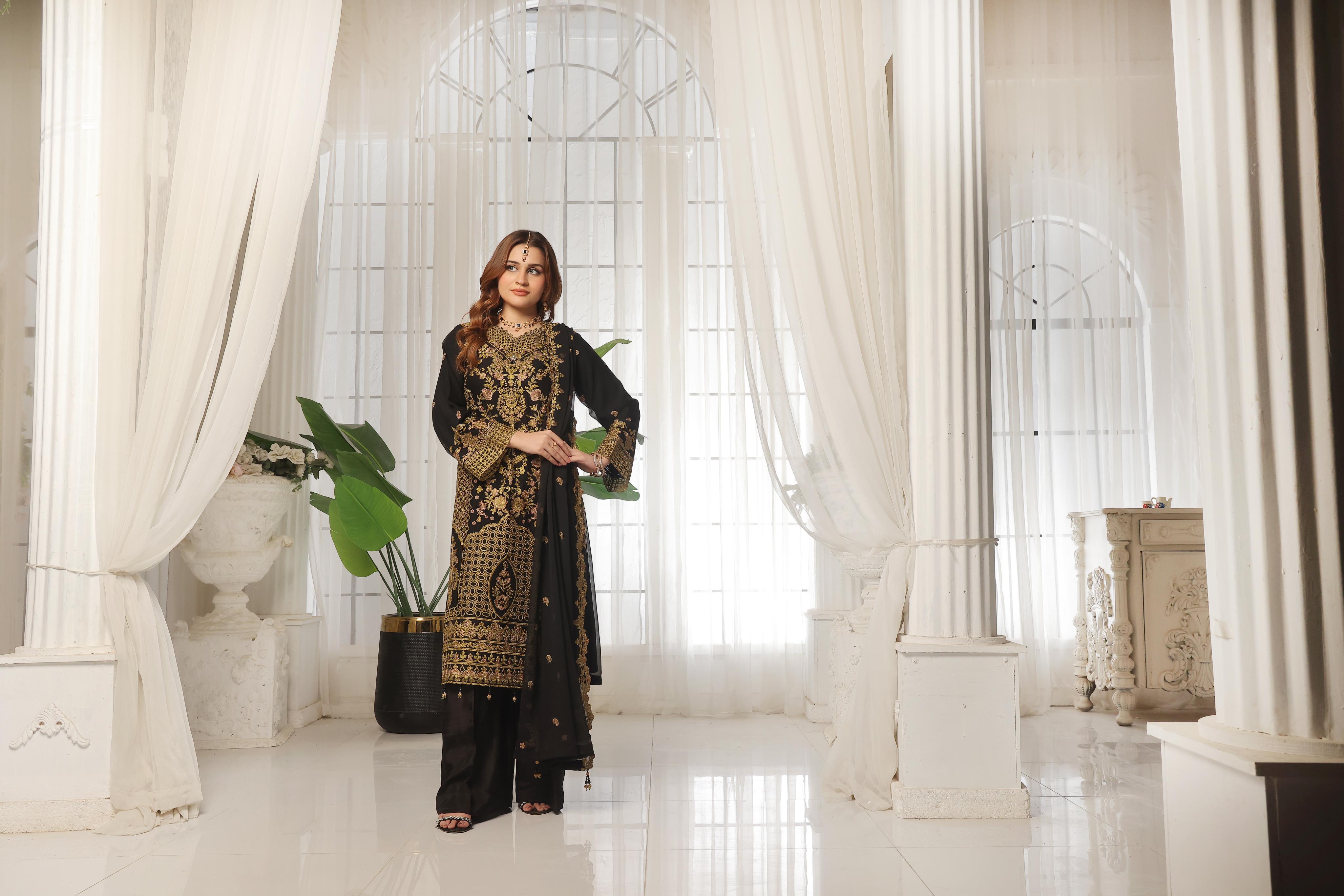 Dressline Lunching New 3 Piece Semi Stitched Luxury Emb ChikankariWith Boring Work Chiffon Collection