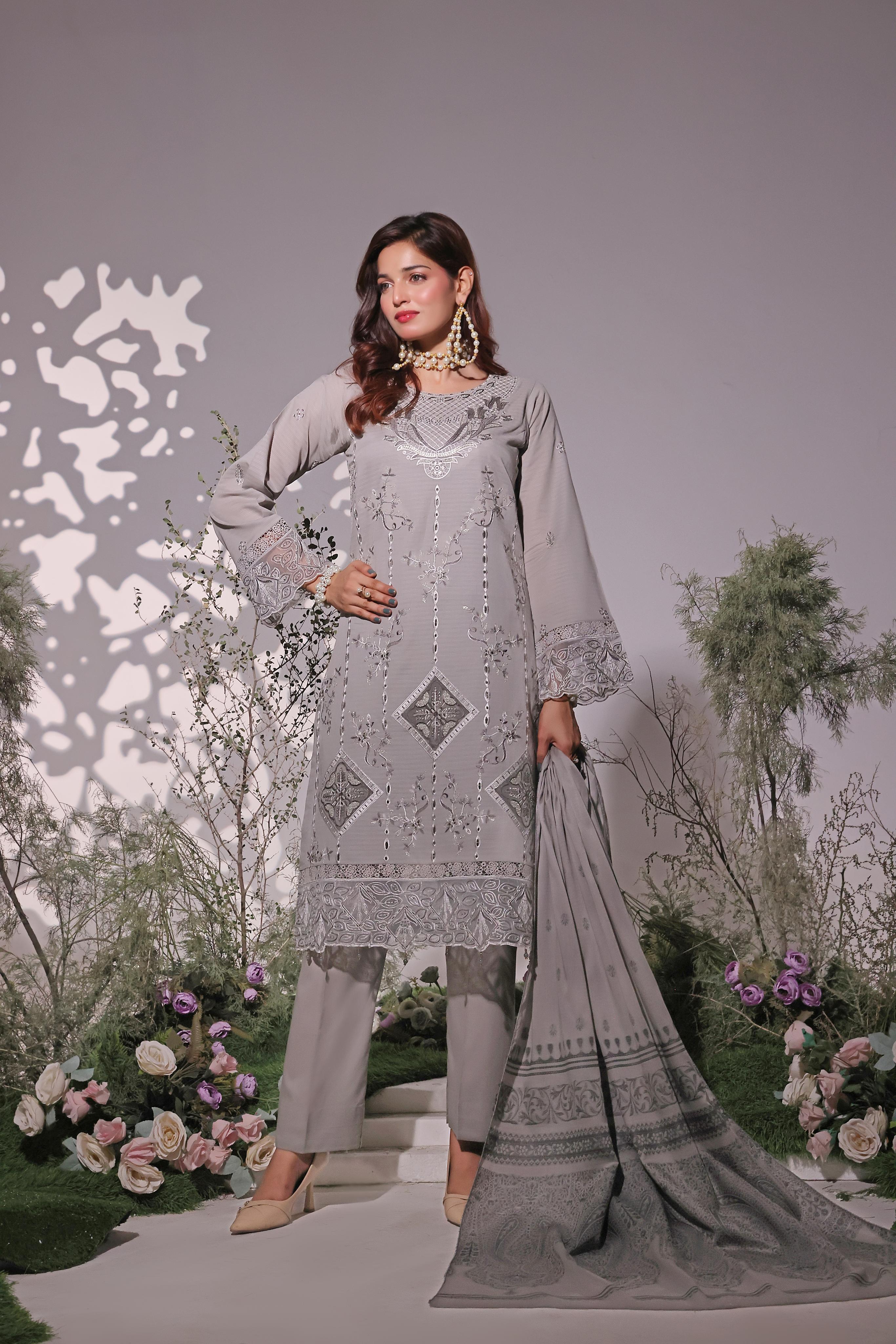 Dressline UnStitched 3 Piece Premium Heavy Chikankari & Laserkari Emb Bana Dora Lawn Collection