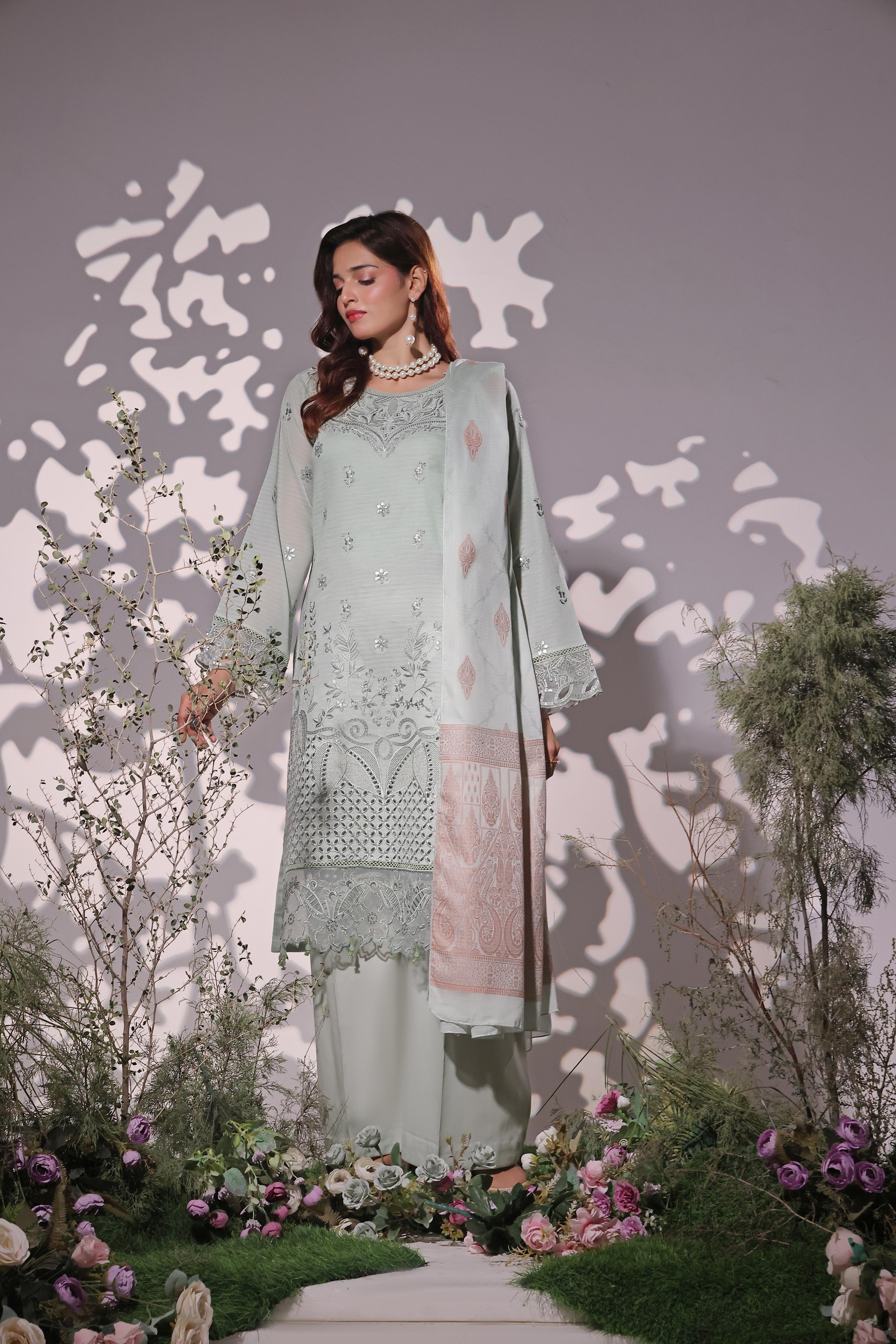 Dressline UnStitched 3 Piece Premium Heavy Chikankari & Laserkari Emb Bana Dora Lawn Collection