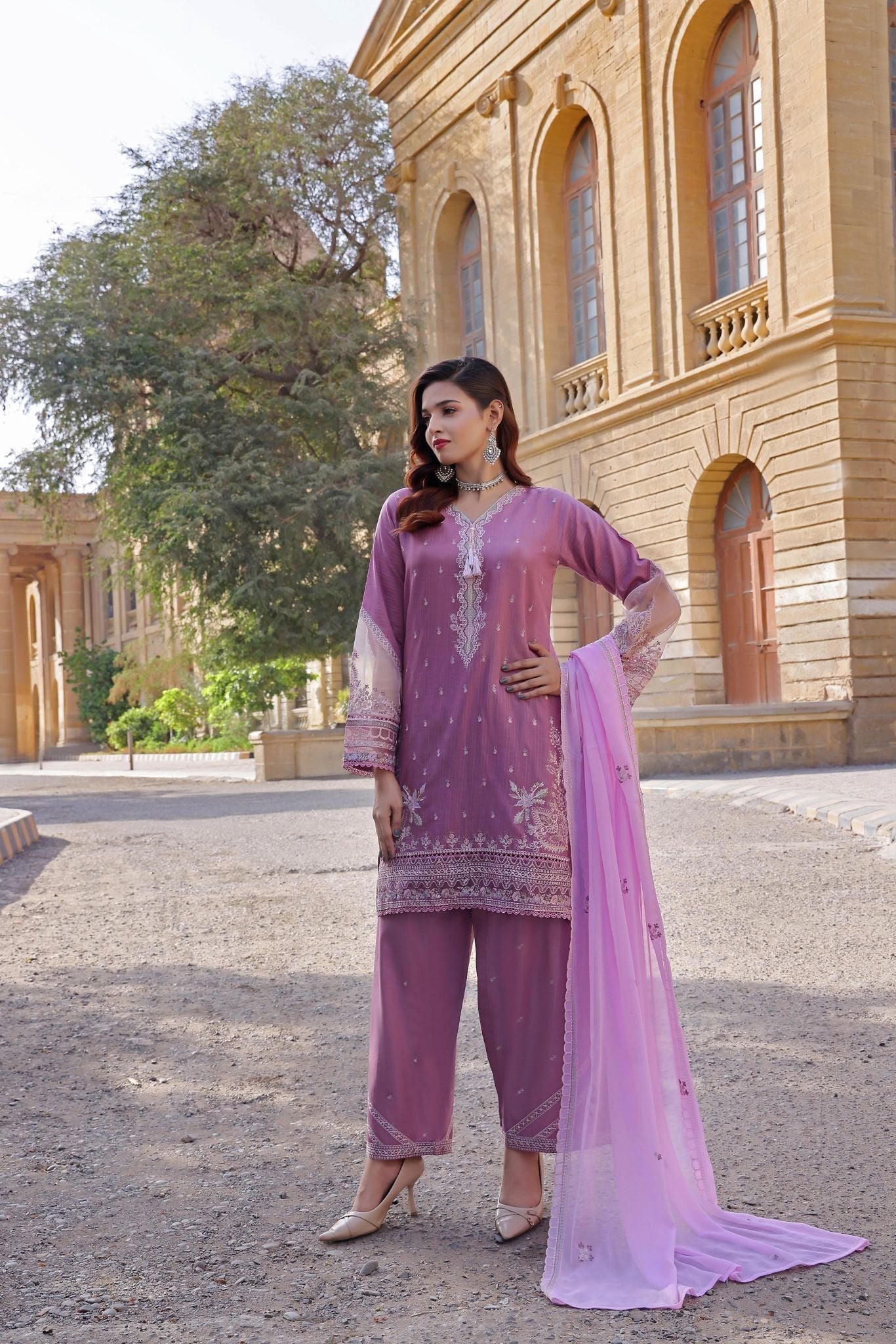 Dressline Basant Stitched Luxury Emb Banadora Lawn Collection With Chiffon Dupatta & Emb Cotton Trousers