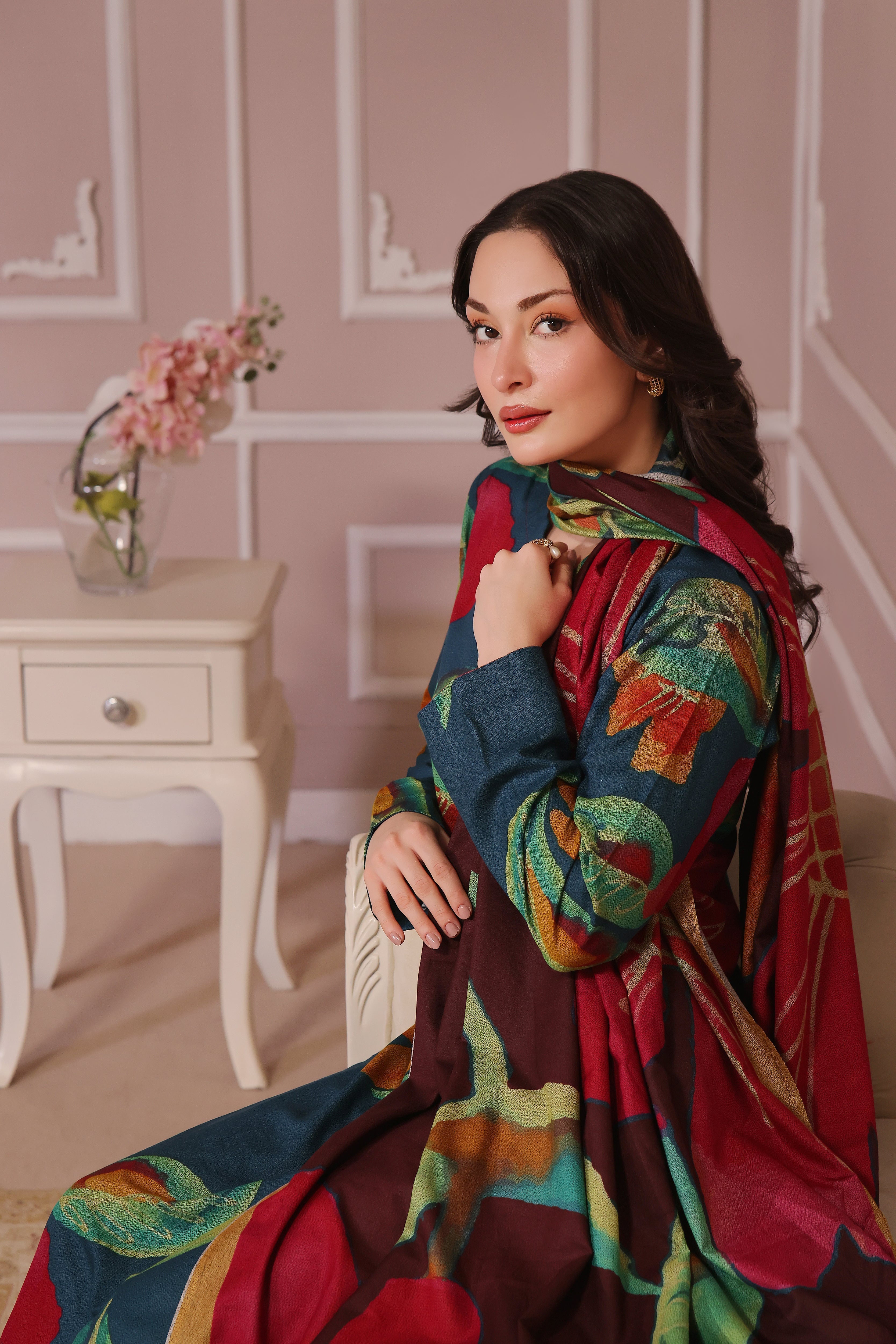 Feathers Unstitched 3 Piece Winter Collection-DARK BLOOM-FT438