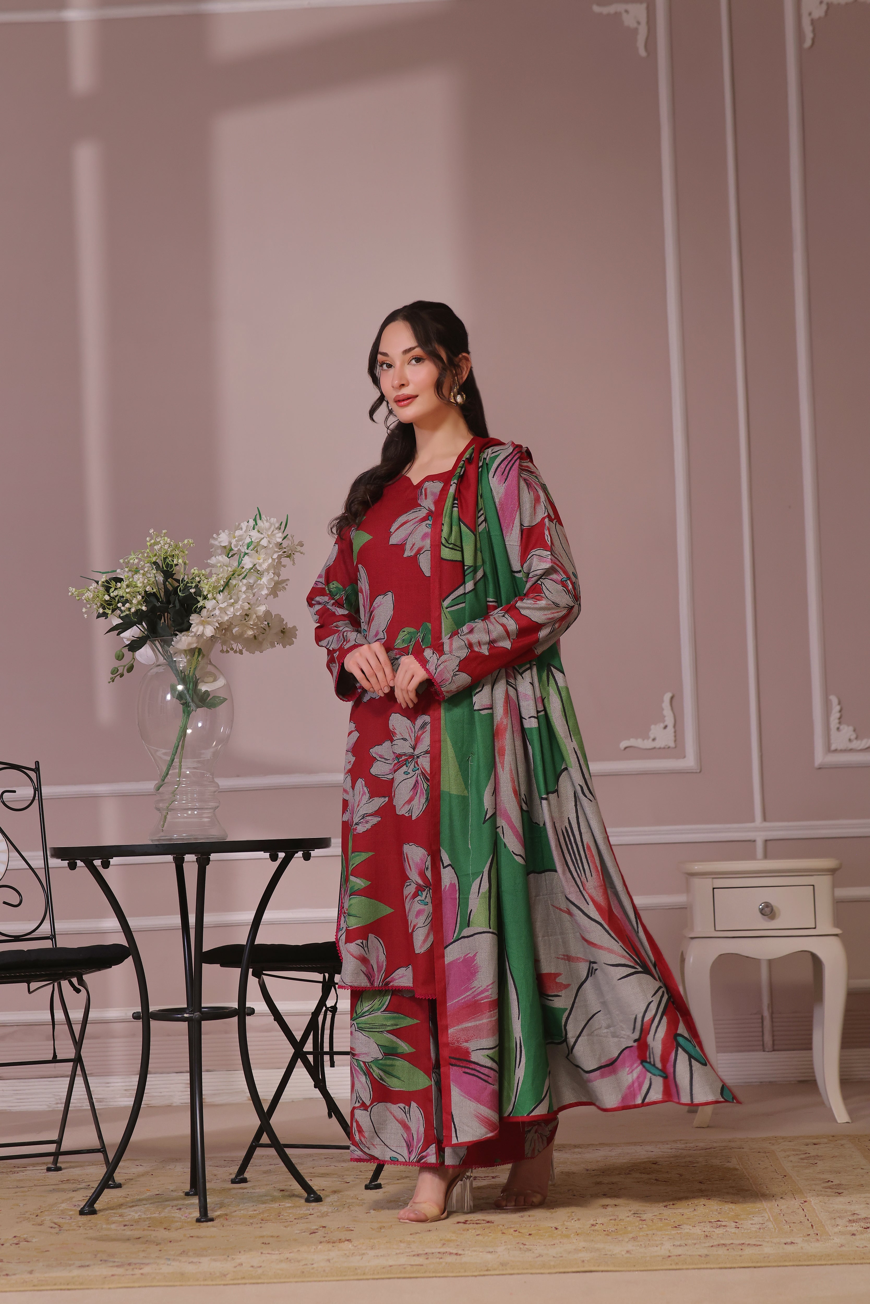 Feathers Unstitched 3 Piece Winter Collection-IVORY ROSE-FT442