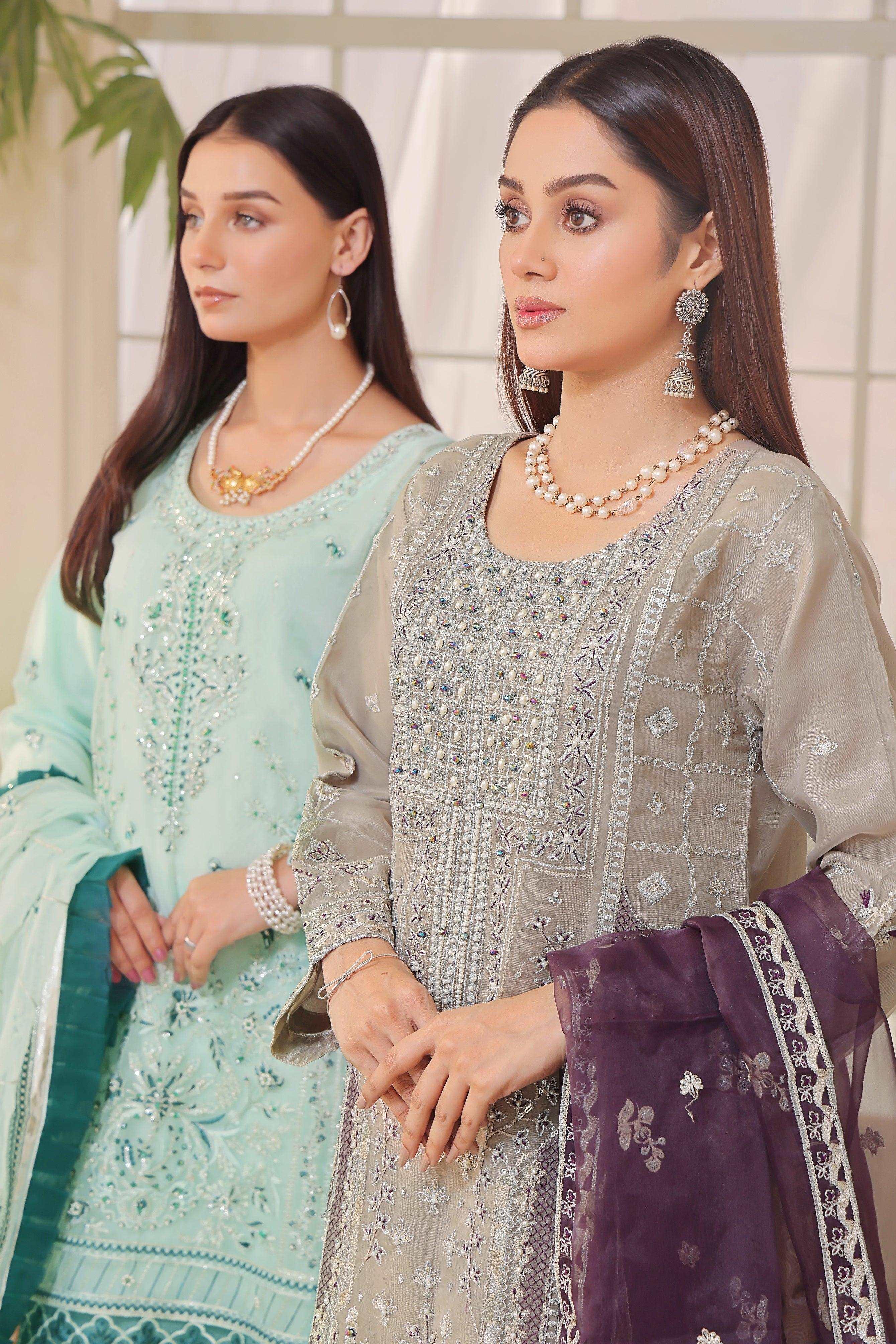 3 PIECE - EMBROIDERED ORGANZA SUIT 740J - Dressline Fabric