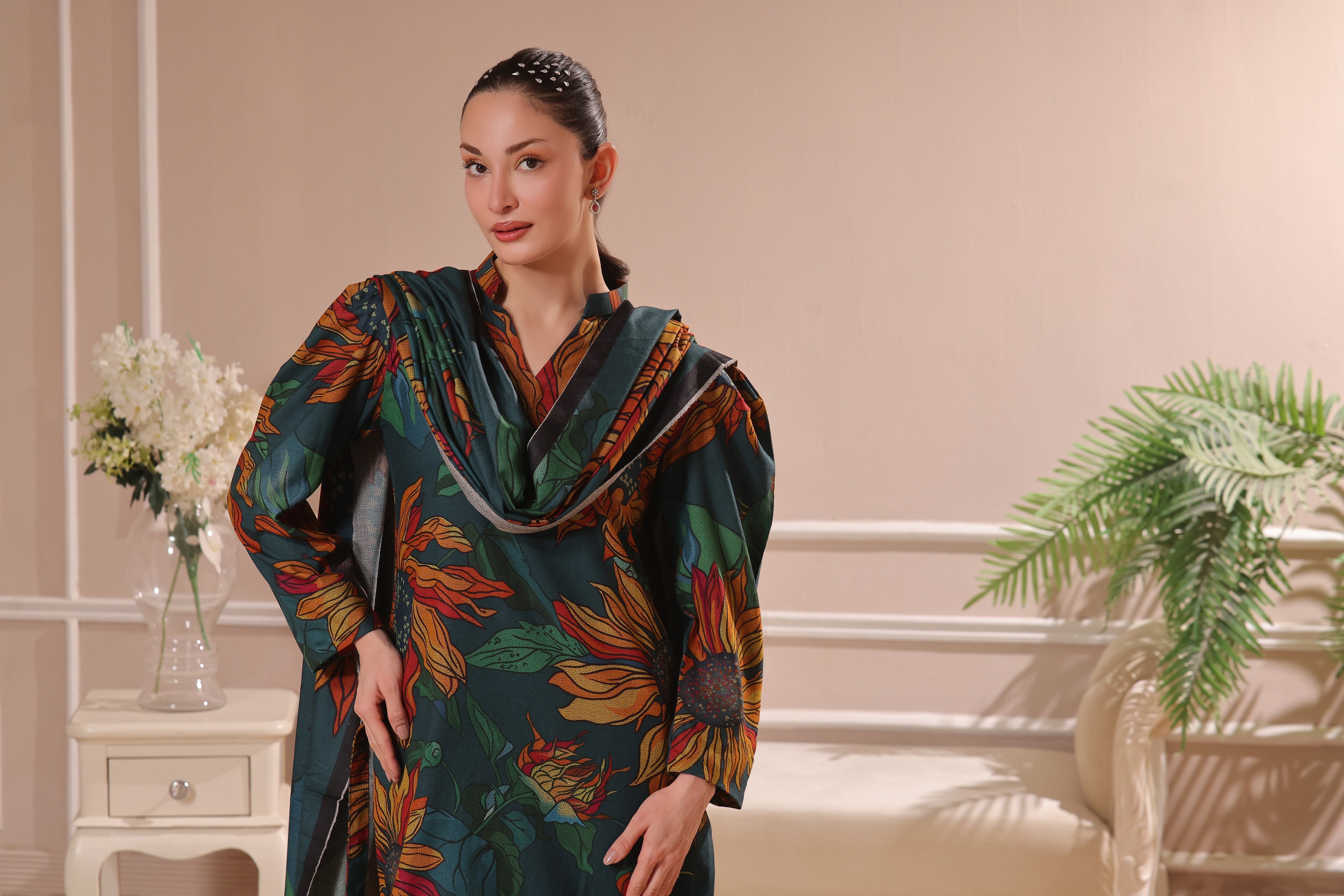 Feathers Unstitched 3 Piece Winter Collection-DESERT ROSE-FT444