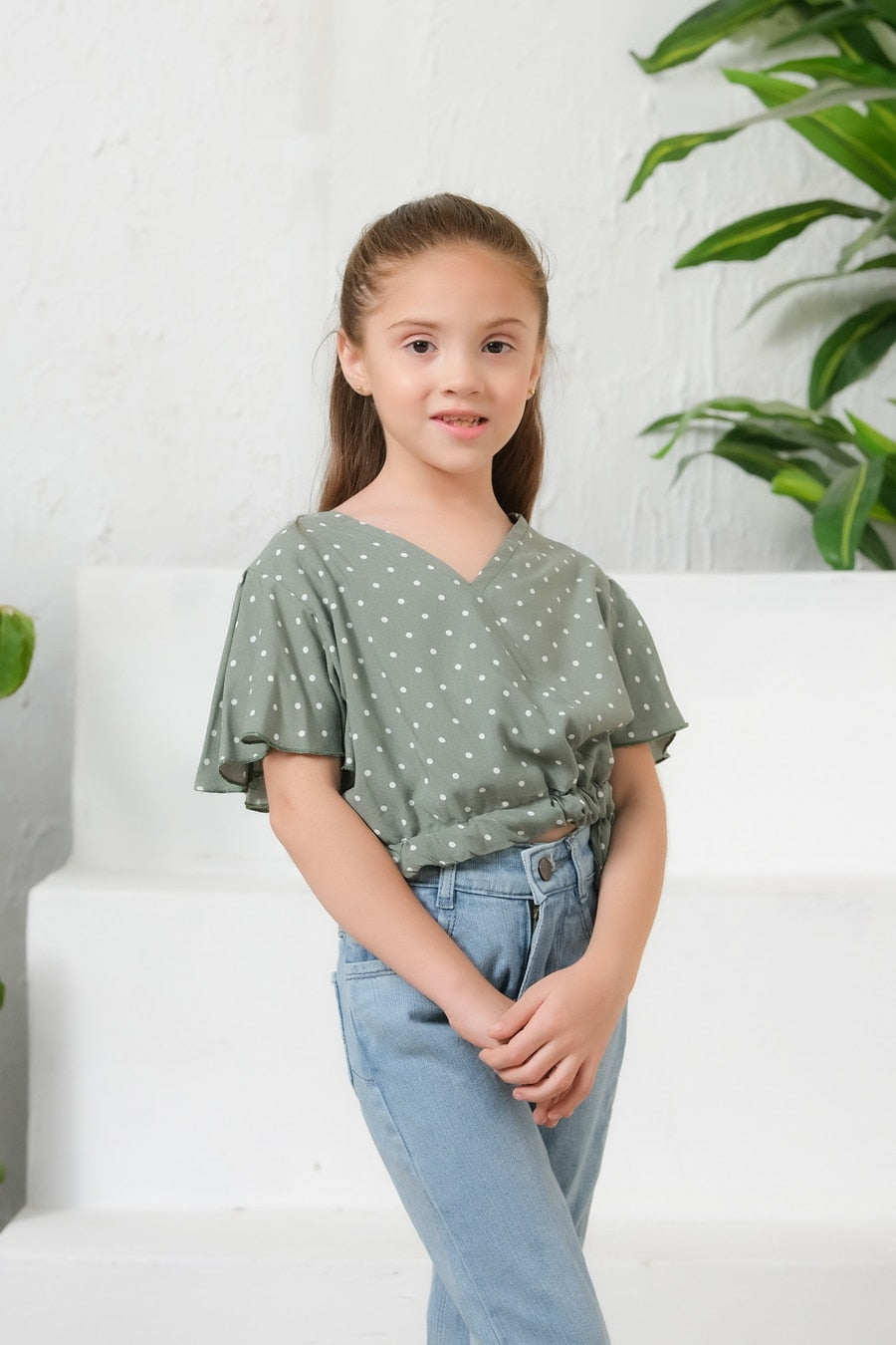 Sprinkles Stitched 1 Piece Summer Shirts Kids Collection'2025-Ditsy Olive Floral Print Crop Top