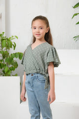Sprinkles Stitched 1 Piece Summer Shirts Kids Collection'2025-Ditsy Olive Floral Print Crop Top