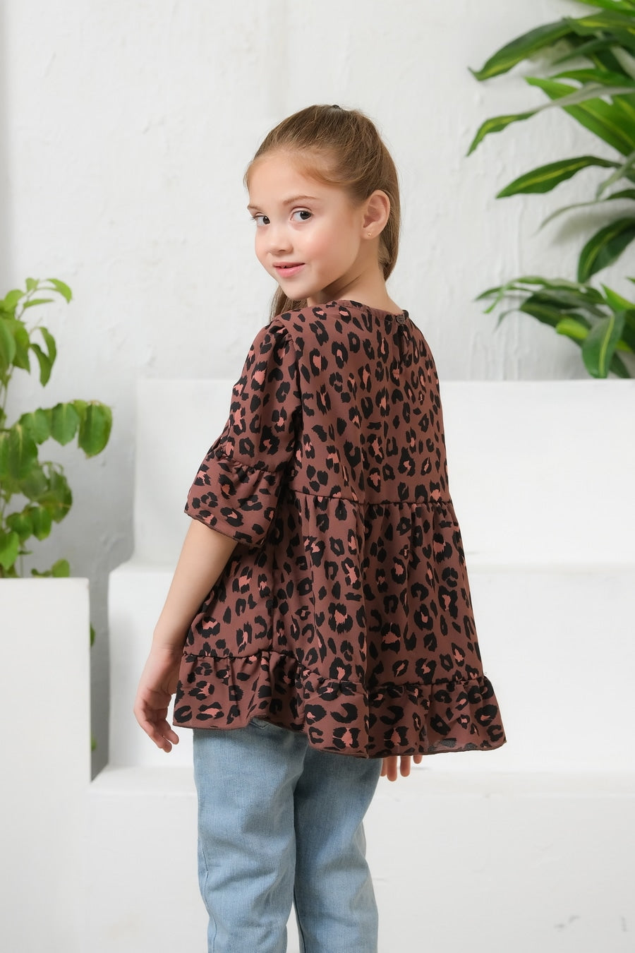 Sprinkles Stitched 1 Piece Summer Shirts Kids Collection'2025-Allover Leopard Print Frill Sleeves Top