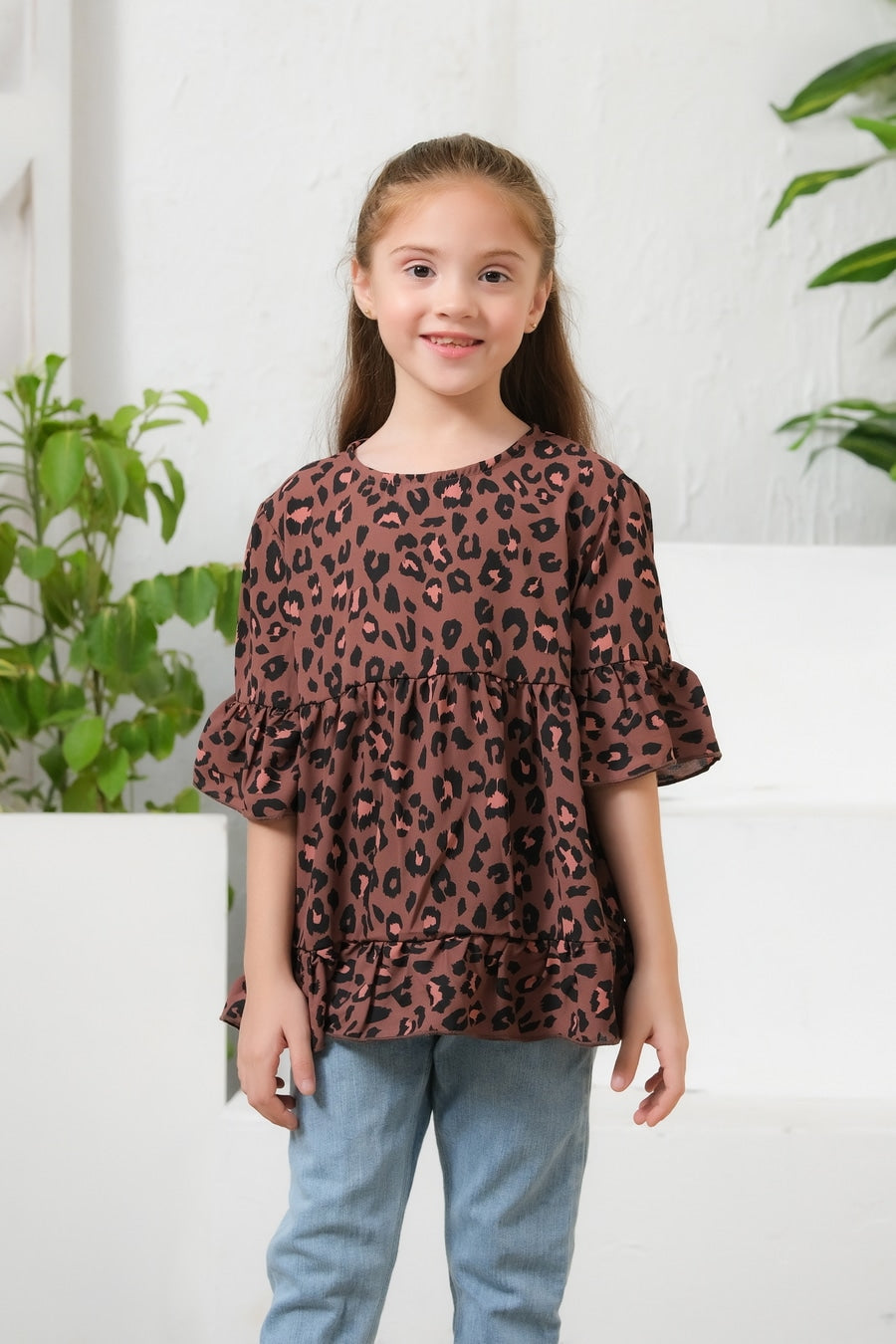 Sprinkles Stitched 1 Piece Summer Shirts Kids Collection'2025-Allover Leopard Print Frill Sleeves Top