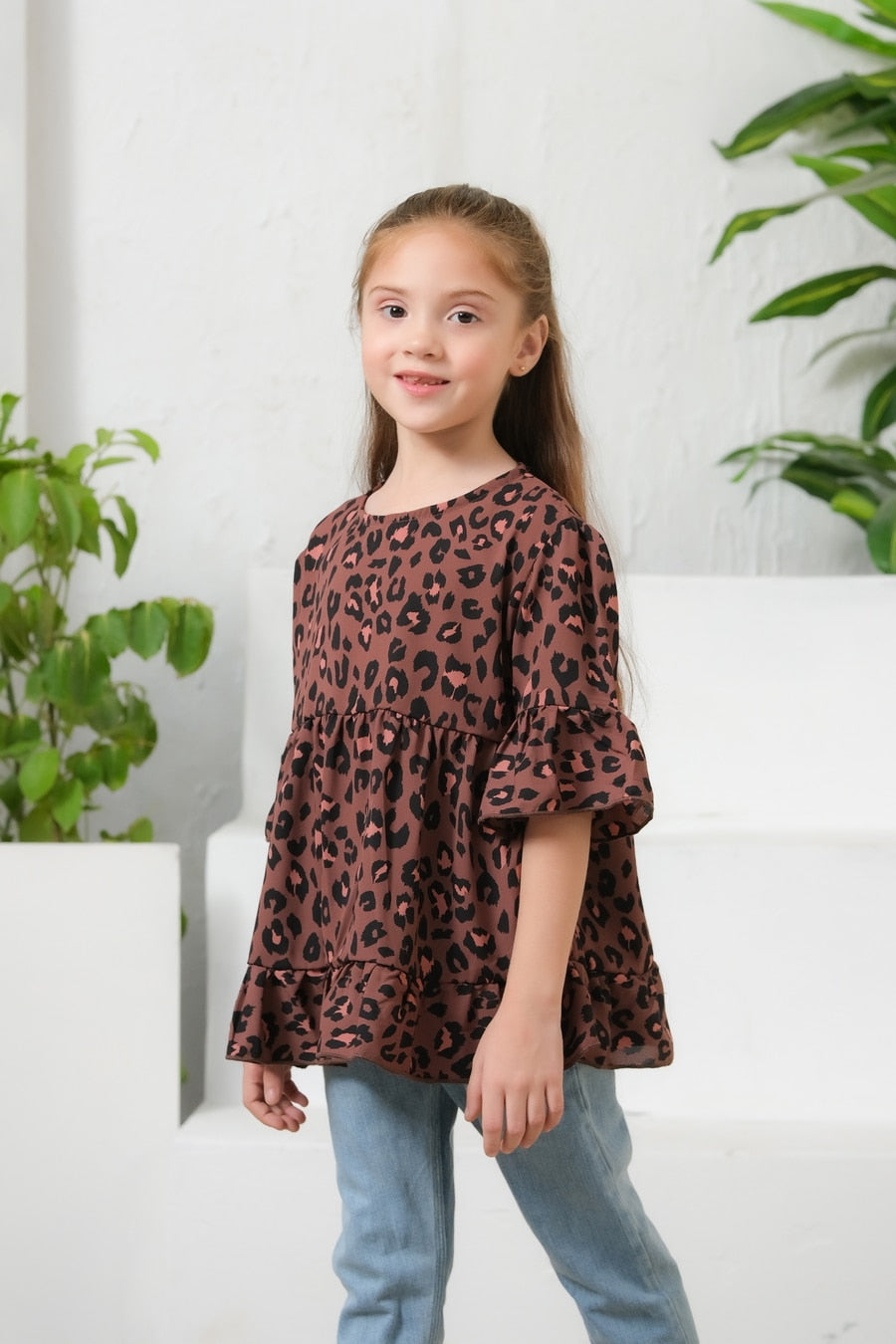 Sprinkles Stitched 1 Piece Summer Shirts Kids Collection'2025-Allover Leopard Print Frill Sleeves Top
