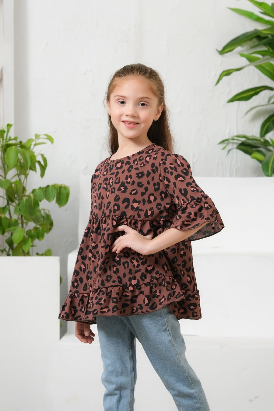 Sprinkles Stitched 1 Piece Summer Shirts Kids Collection'2025-Allover Leopard Print Frill Sleeves Top