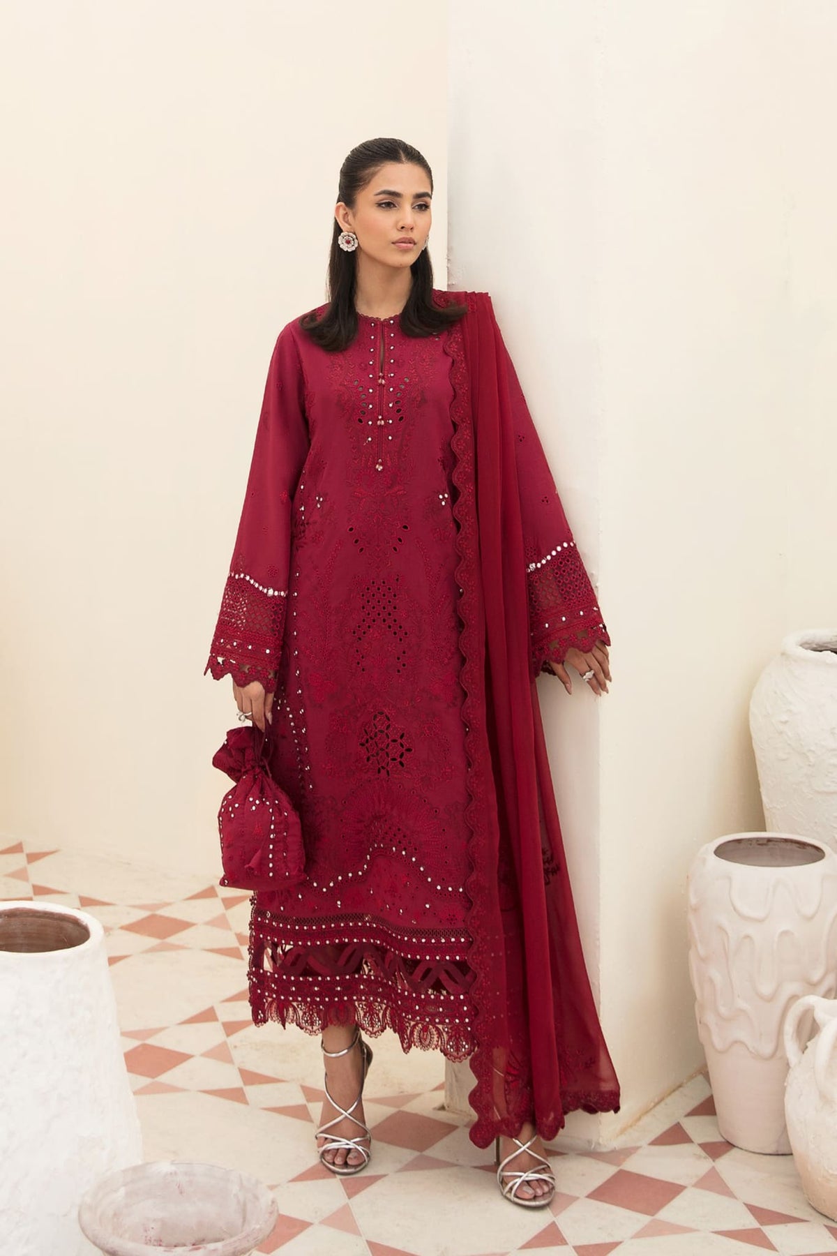 Afrozeh Unstitched 3 Piece Festive Chikankari Lawn Collection'2023-08-Claret