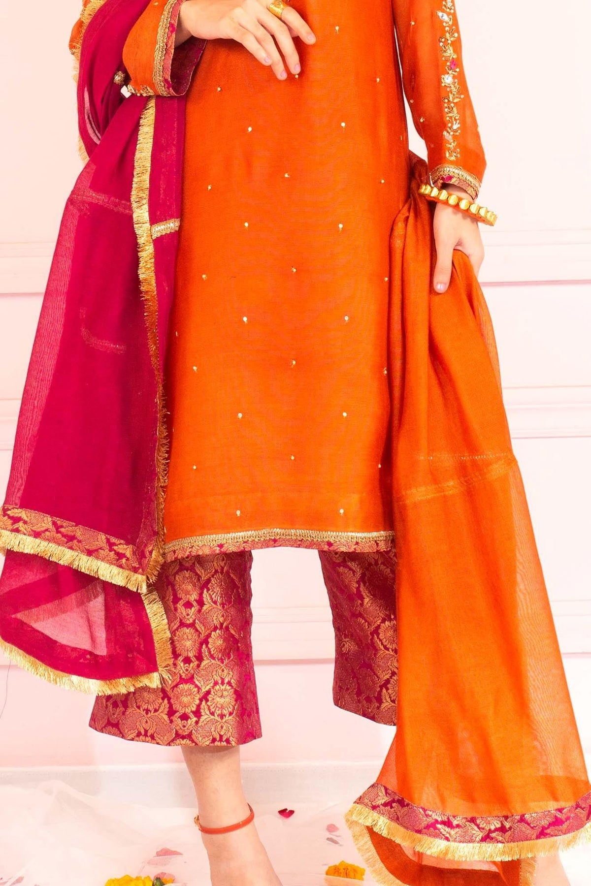 Soughaat Separates By Zaaviay Stitched Orange & Pink Khaddi Net Dupatta