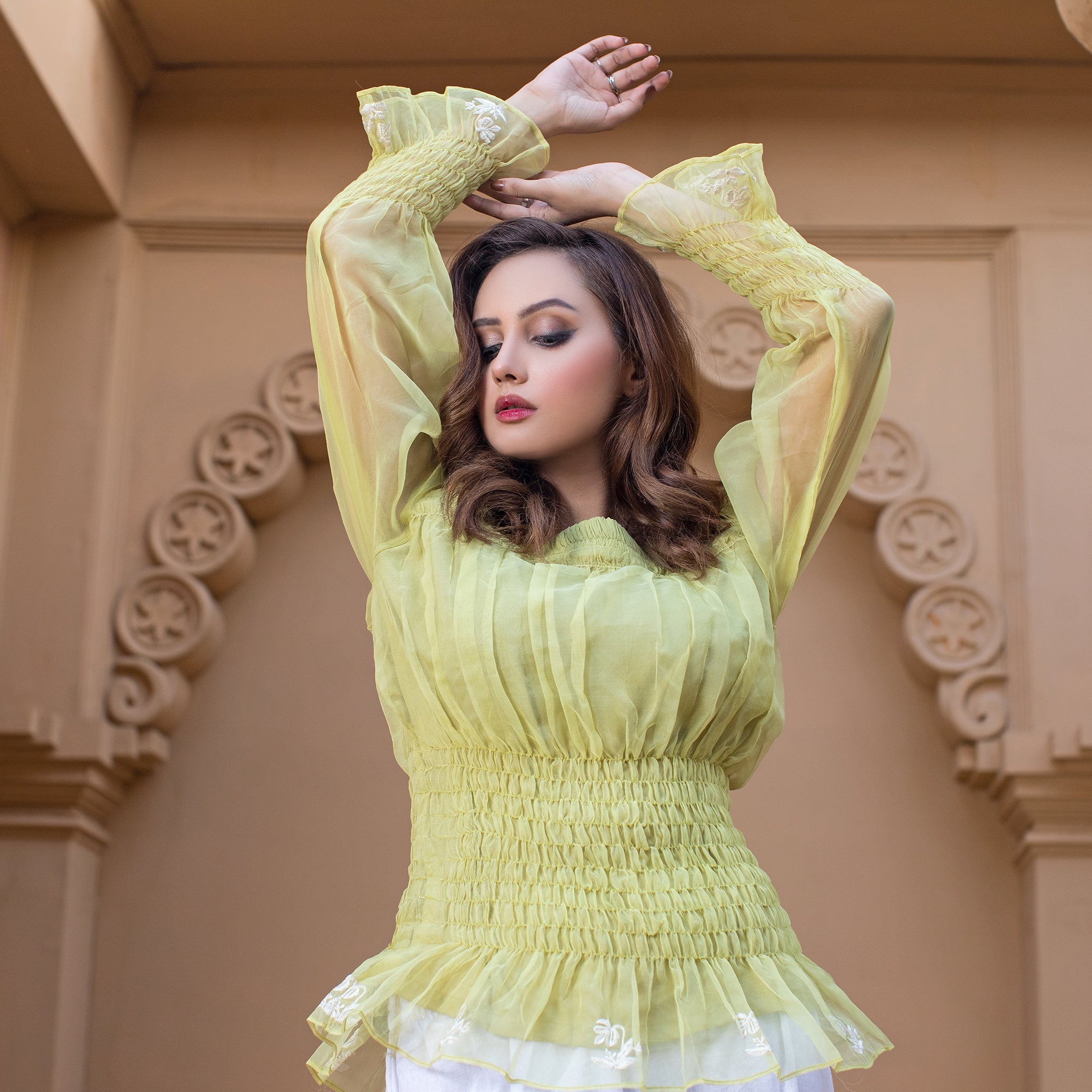 Urban Cut Embroidered Edges Top with Elastic Ruffle Frilled Shirt 1 Piece