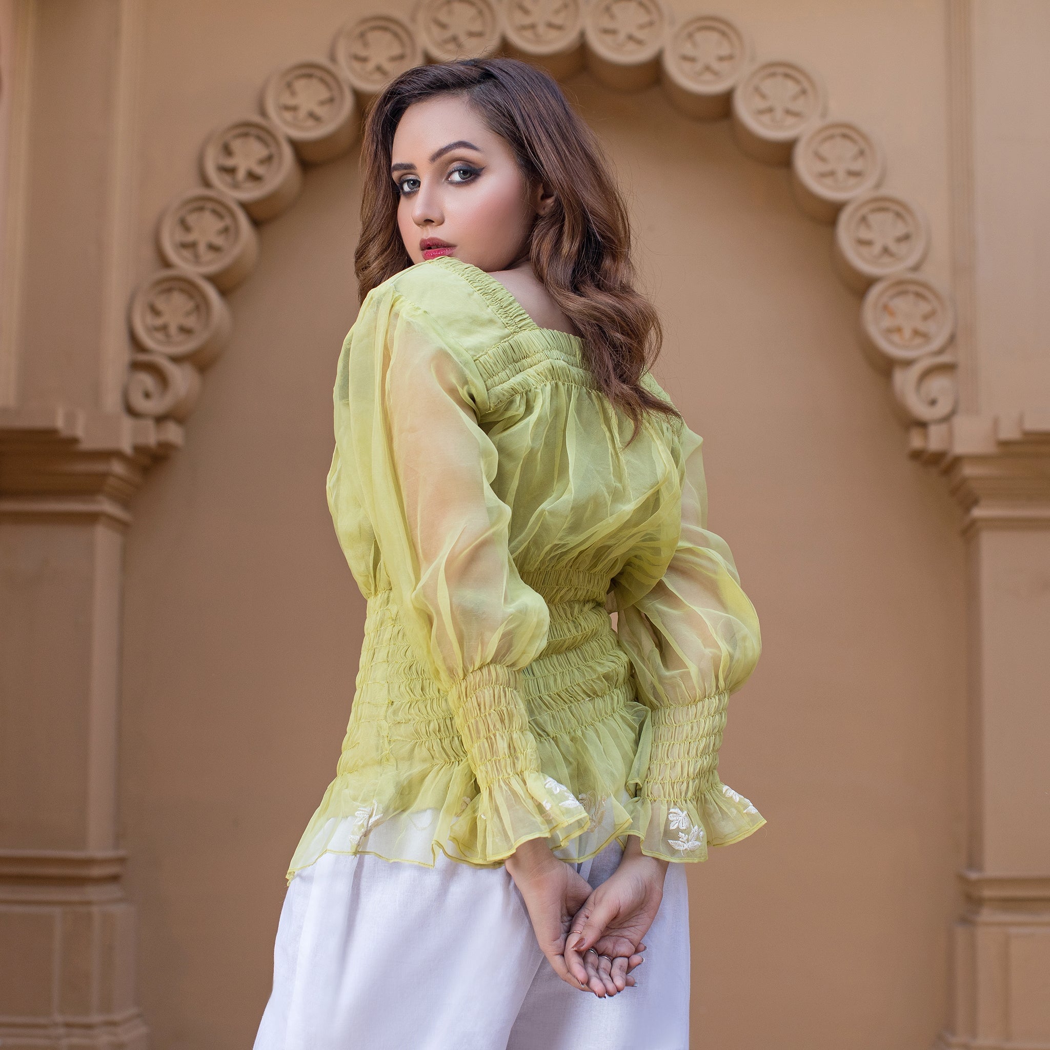 Urban Cut Embroidered Edges Top with Elastic Ruffle Frilled Shirt 1 Piece