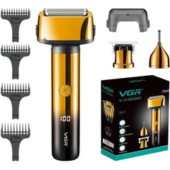 VGR-3 IN 1 Hair Cutting Machine Hair Trimmer LED Display Electric Rechargeable Beard Shaver Eyebrow Razor 0mm Men's Razor V-367