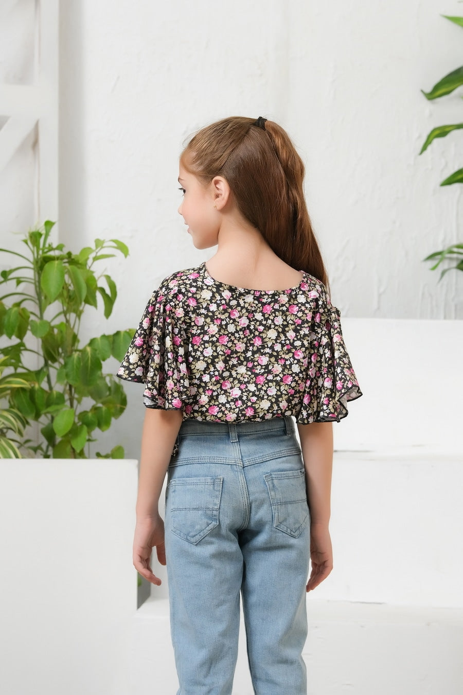 Sprinkles Stitched 1 Piece Summer Shirts Kids Collection'2025-Ditsy Black Floral Print Crop Top
