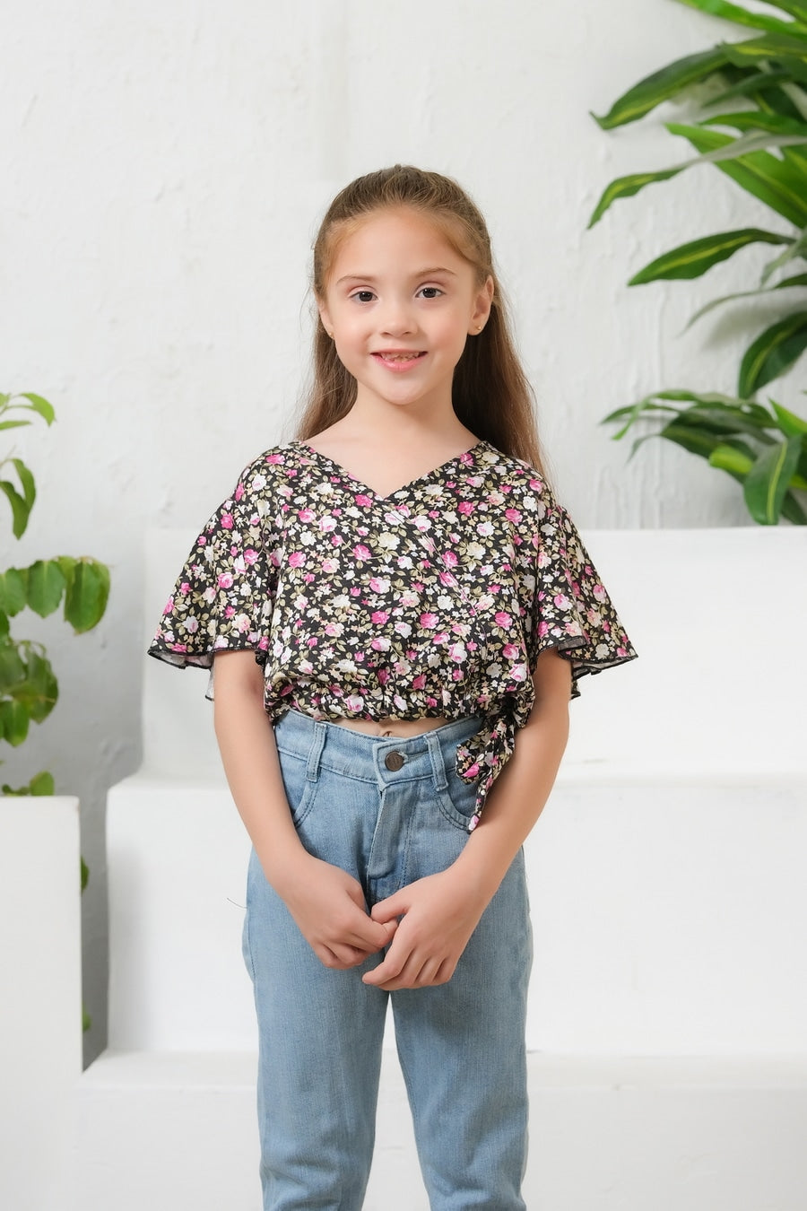 Sprinkles Stitched 1 Piece Summer Shirts Kids Collection'2025-Ditsy Black Floral Print Crop Top