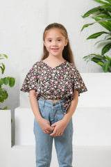 Sprinkles Stitched 1 Piece Summer Shirts Kids Collection'2025-Ditsy Black Floral Print Crop Top