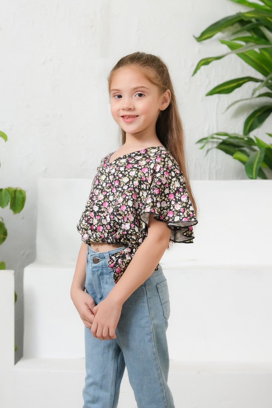 Sprinkles Stitched 1 Piece Summer Shirts Kids Collection'2025-Ditsy Black Floral Print Crop Top