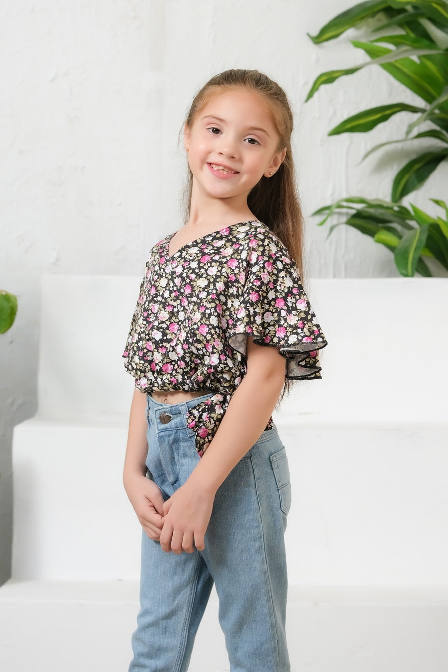 Sprinkles Stitched 1 Piece Summer Shirts Kids Collection'2025-Ditsy Black Floral Print Crop Top