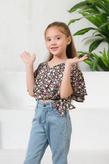 Sprinkles Stitched 1 Piece Summer Shirts Kids Collection'2025-Ditsy Black Floral Print Crop Top