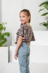 Sprinkles Stitched 1 Piece Summer Shirts Kids Collection'2025-Ditsy Black Floral Print Crop Top