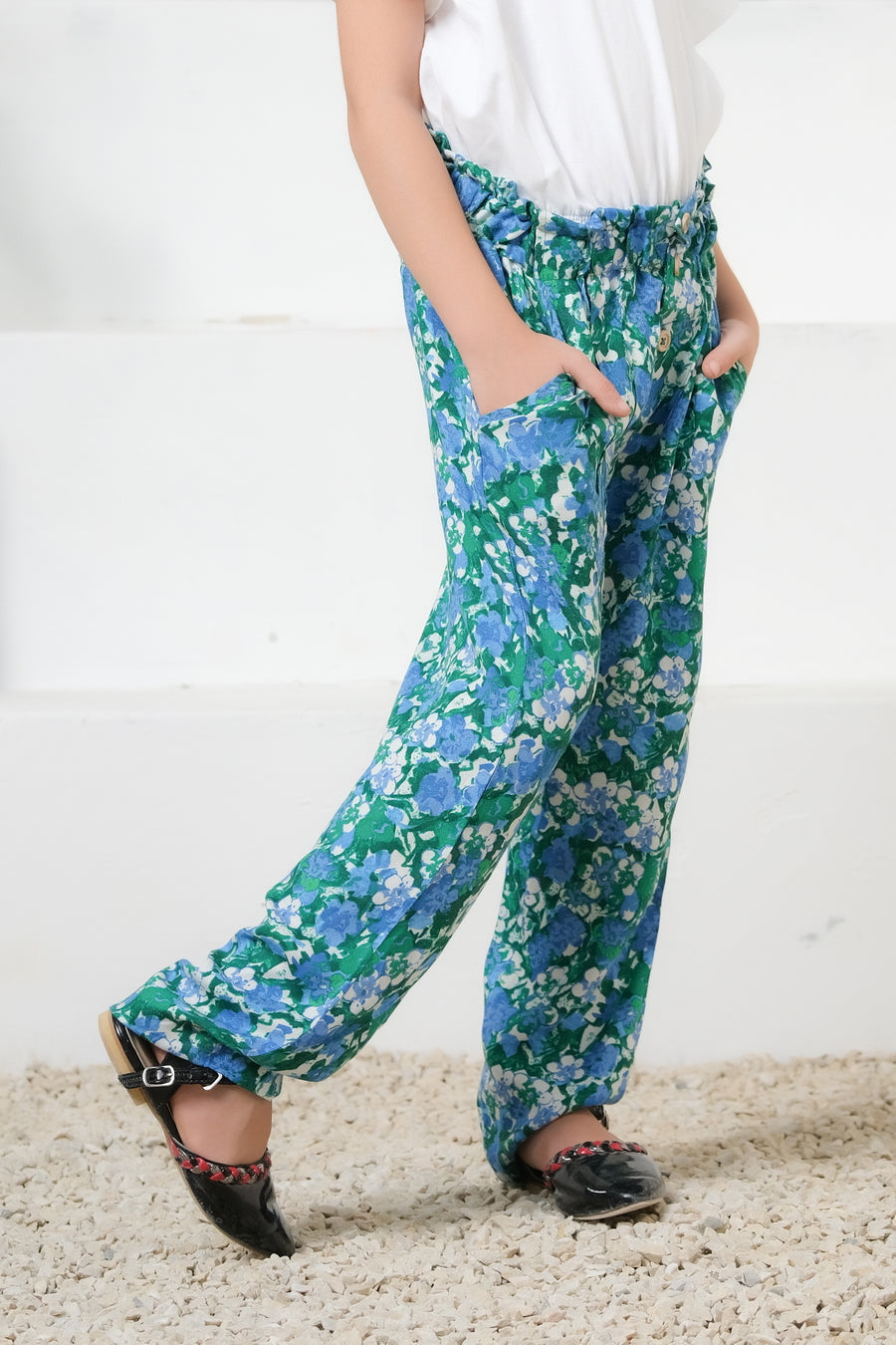 Sprinkles Stitched 1 Piece Summer Bottoms Kids Collection'2025-Green Floral Print Wide Leg Trousers