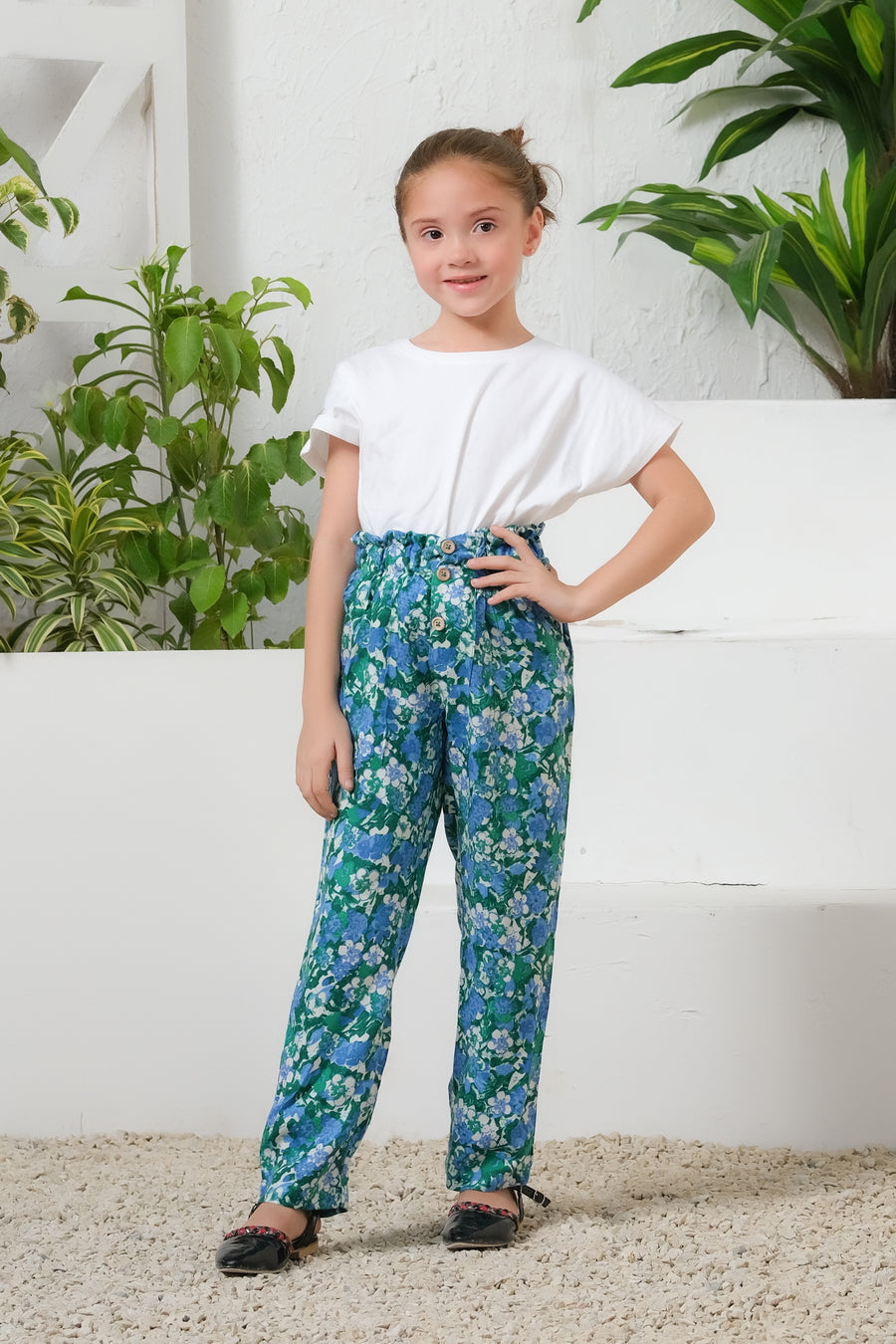 Sprinkles Stitched 1 Piece Summer Bottoms Kids Collection'2025-Green Floral Print Wide Leg Trousers