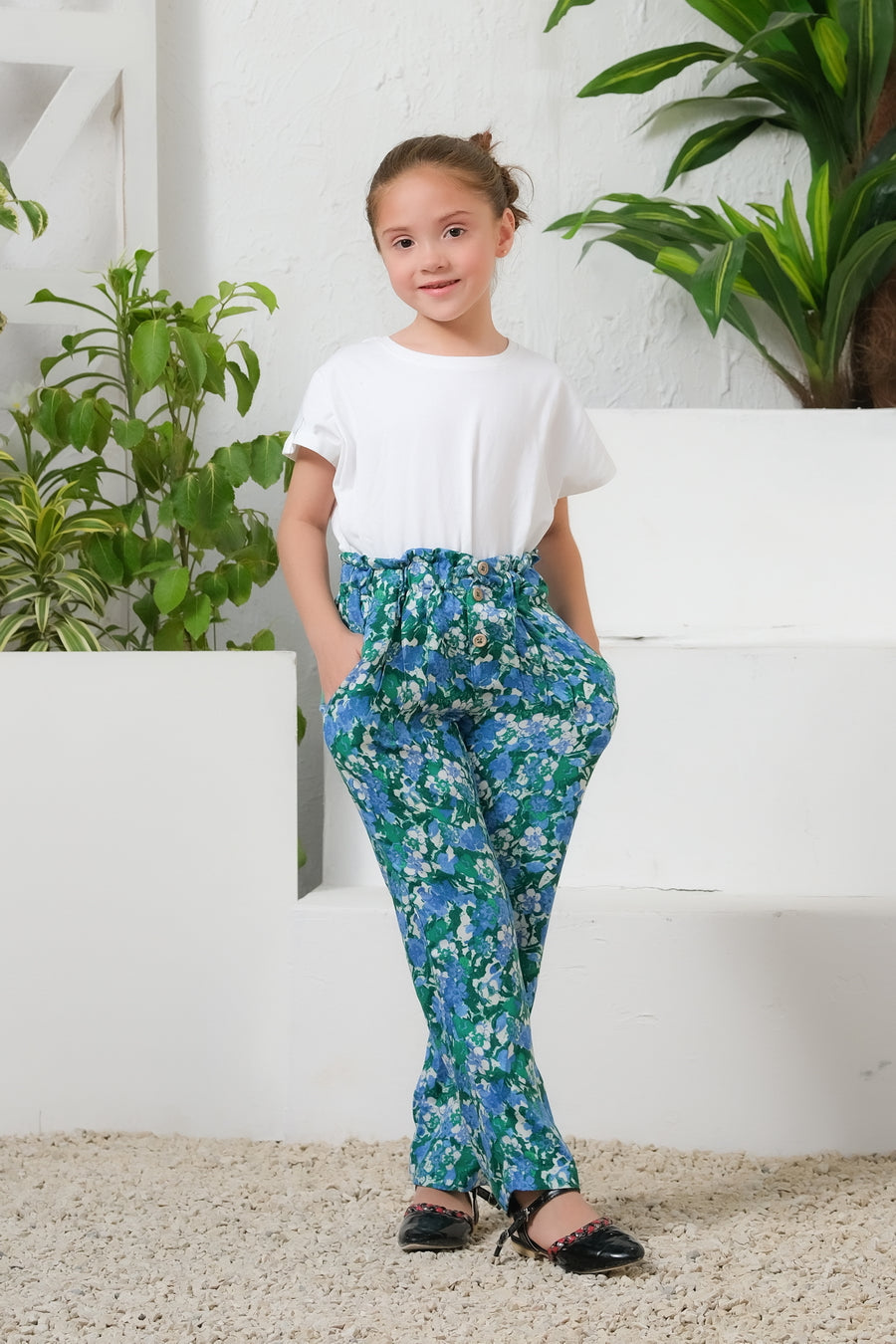 Sprinkles Stitched 1 Piece Summer Bottoms Kids Collection'2025-Green Floral Print Wide Leg Trousers