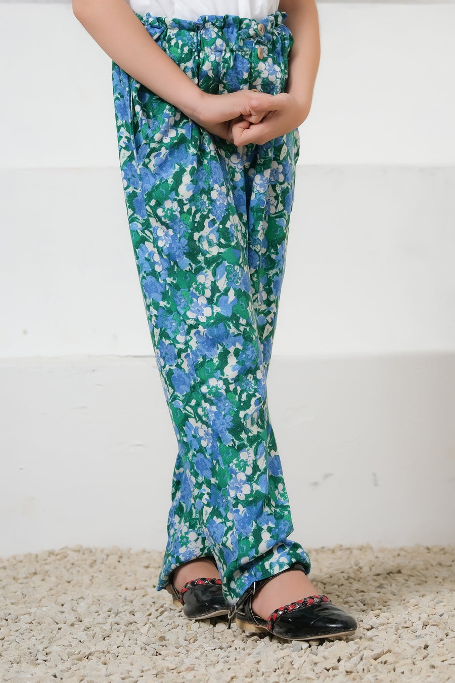 Sprinkles Stitched 1 Piece Summer Bottoms Kids Collection'2025-Green Floral Print Wide Leg Trousers