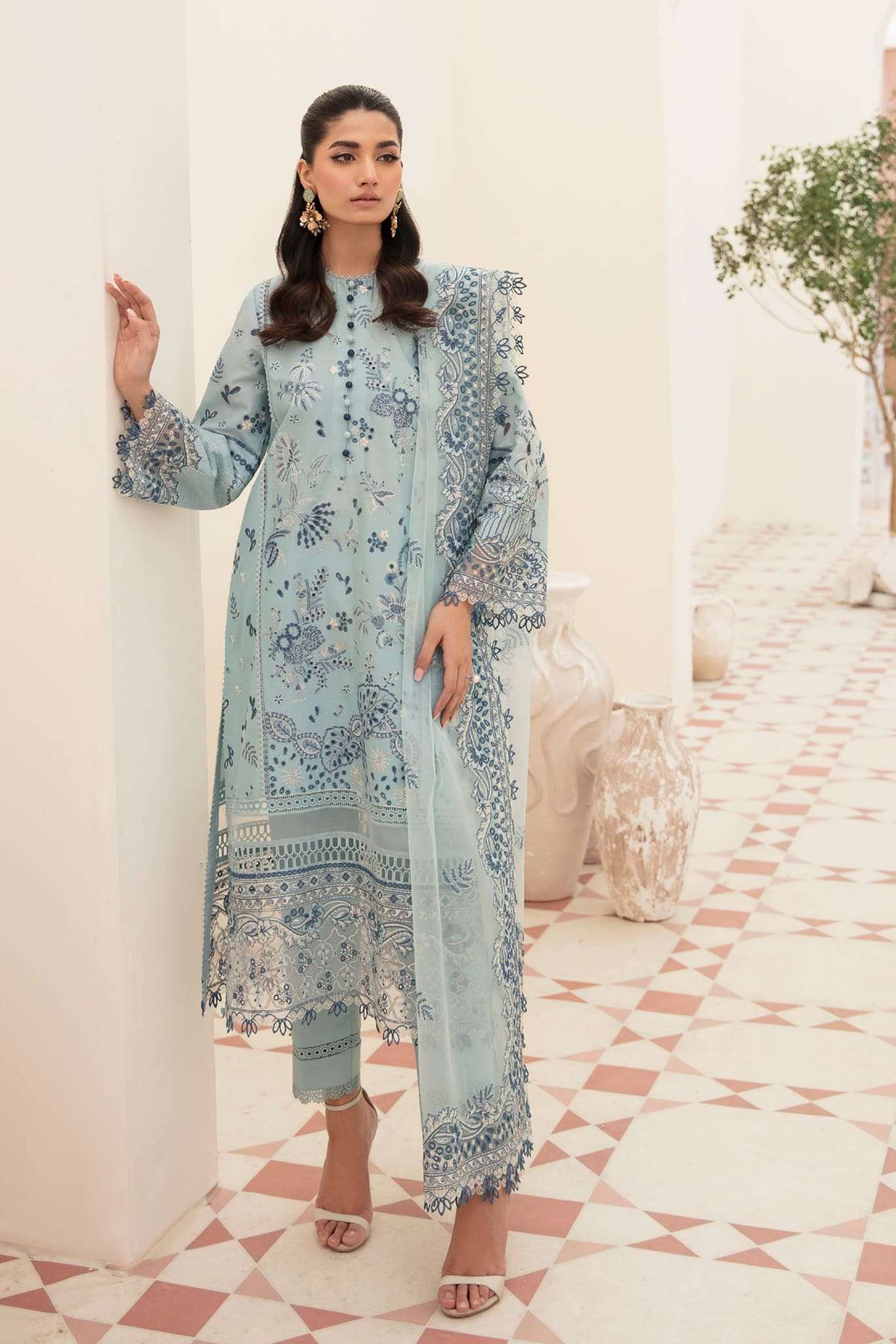 Afrozeh Unstitched 3 Piece Festive Chikankari Lawn Collection'2023-10-Powder Blue