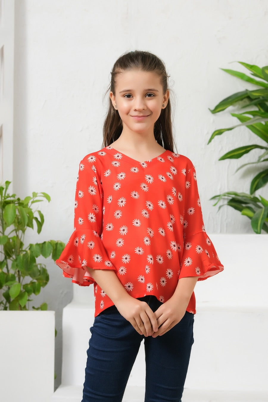Sprinkles Stitched 1 Piece Summer Shirts Kids Collection'2025-Allover Flowers Print Frill Sleeves Top