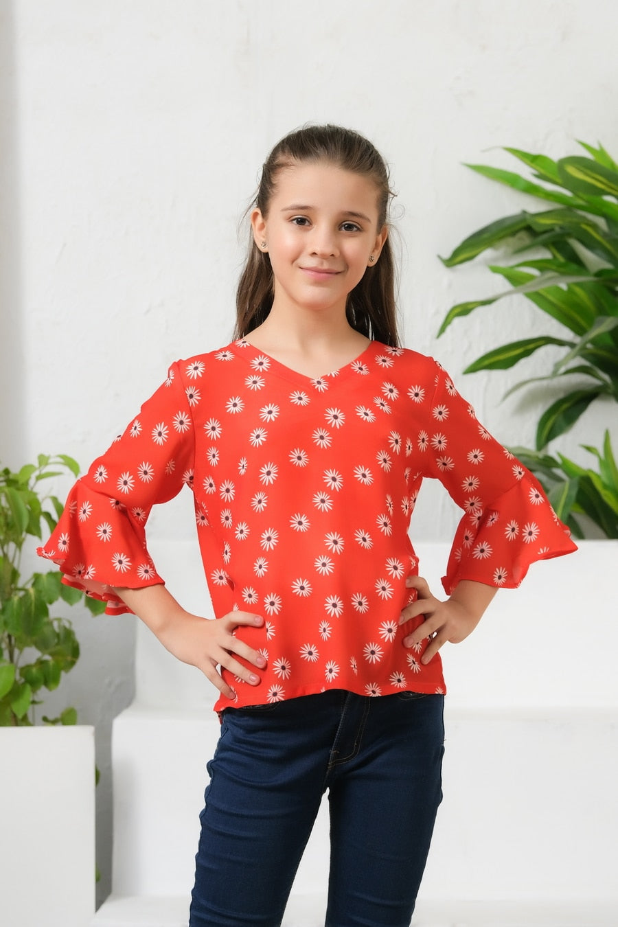 Sprinkles Stitched 1 Piece Summer Shirts Kids Collection'2025-Allover Flowers Print Frill Sleeves Top