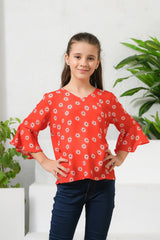 Sprinkles Stitched 1 Piece Summer Shirts Kids Collection'2025-Allover Flowers Print Frill Sleeves Top