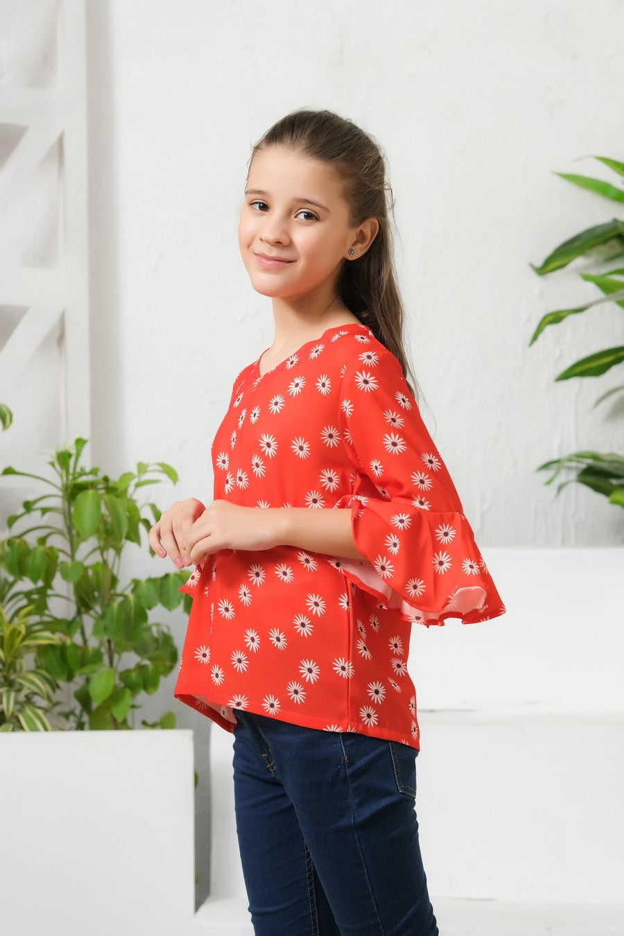 Sprinkles Stitched 1 Piece Summer Shirts Kids Collection'2025-Allover Flowers Print Frill Sleeves Top