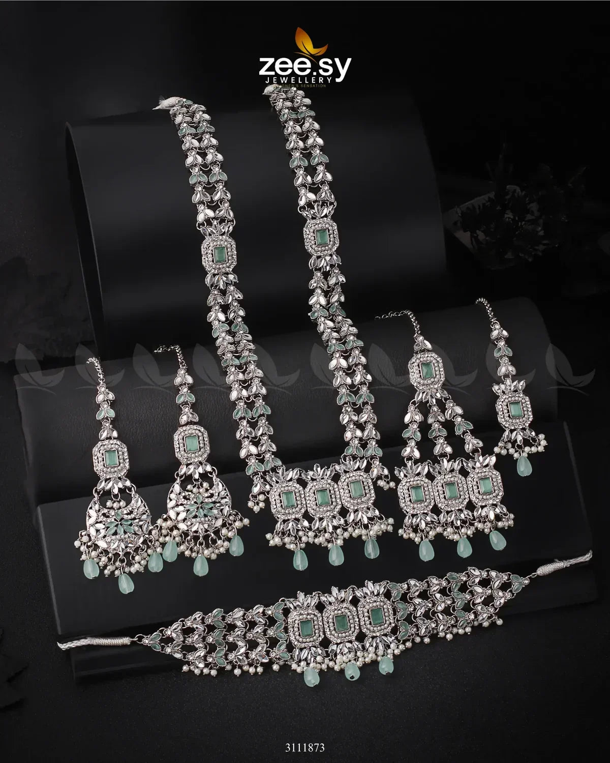 Anushka Bridal Set Silver Mint Green - Zeesy Jewellery