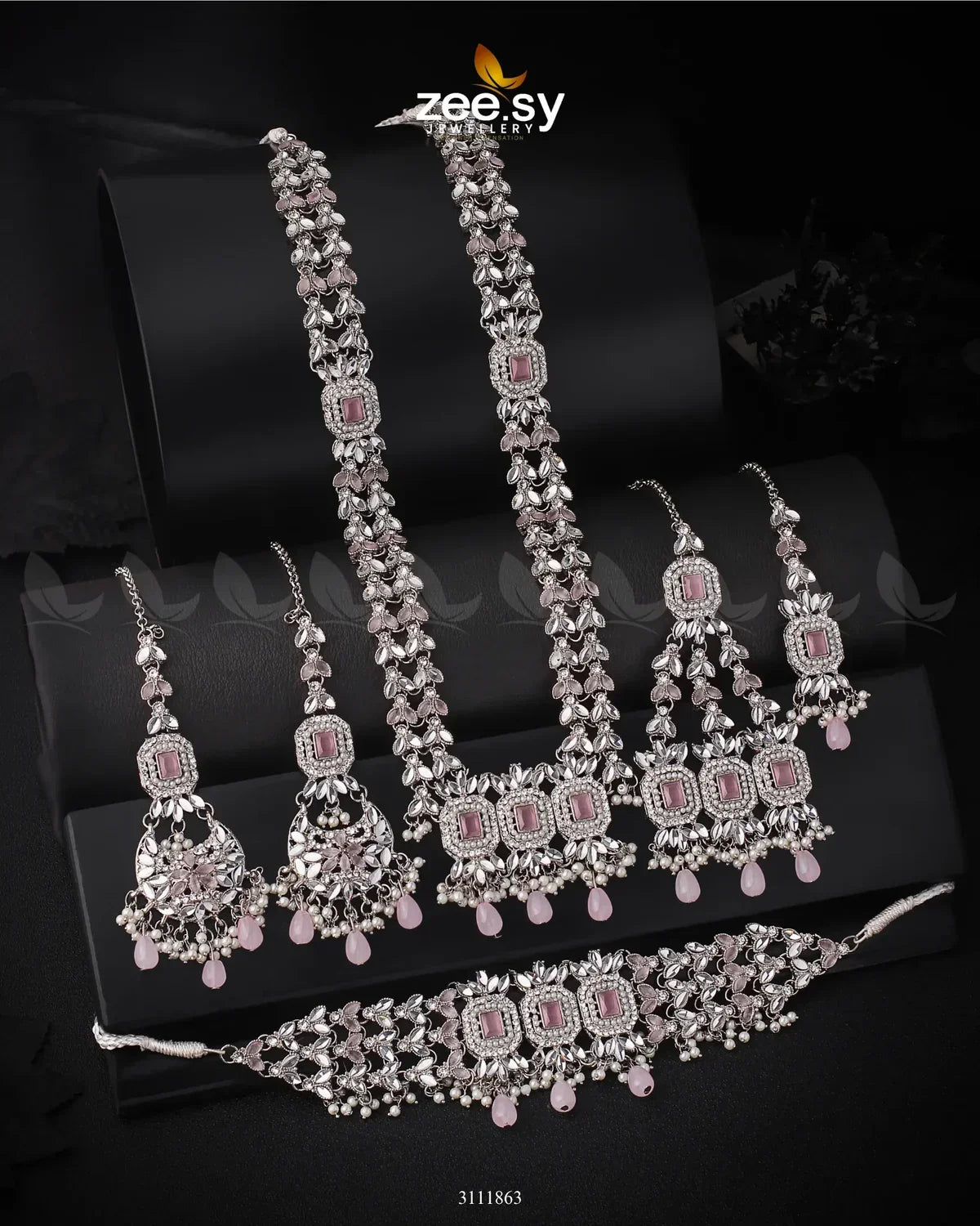 Anushka Bridal Set Silver Mint Pink - Zeesy Jewellery