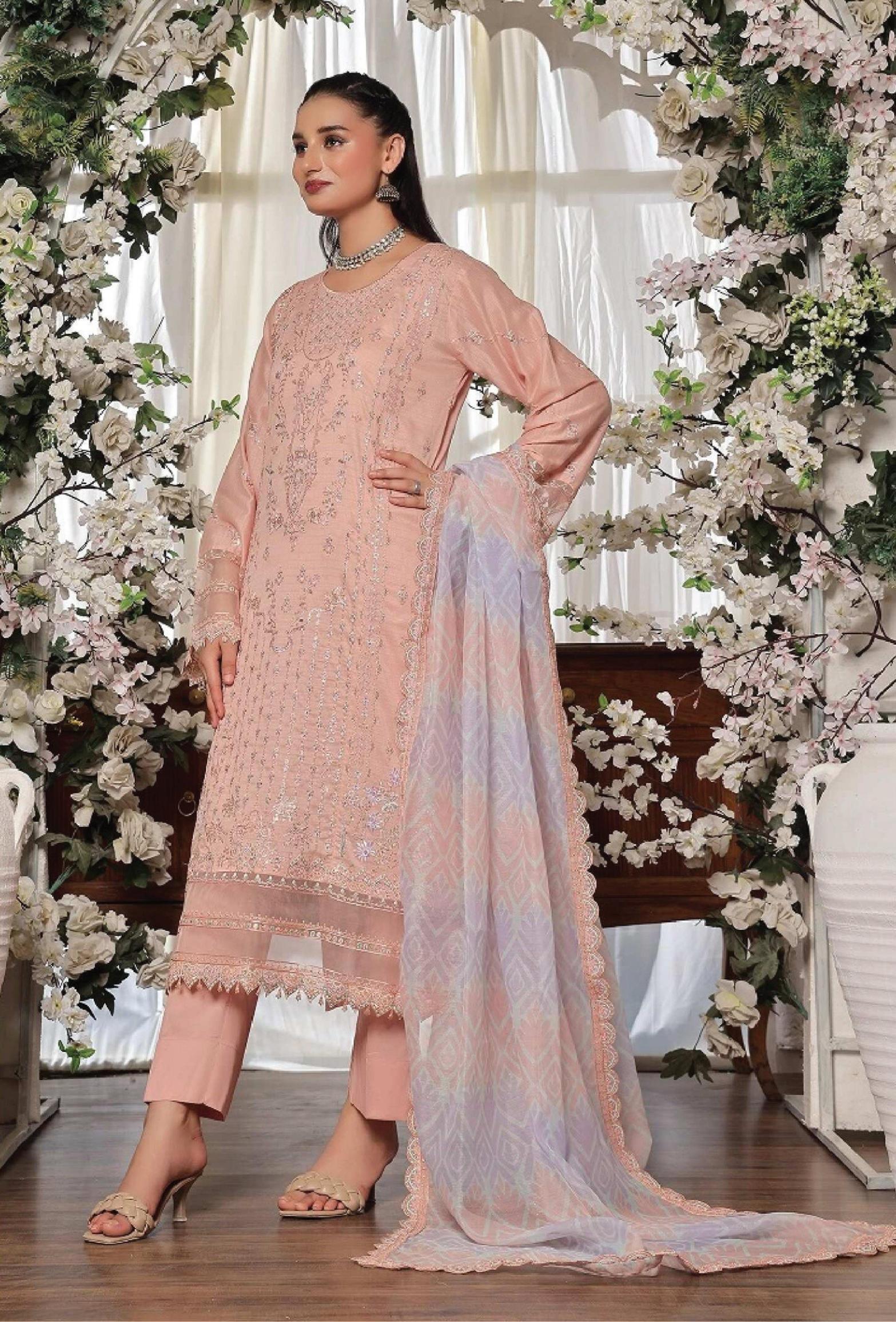 Dressline New Semi Stitched 3 Pcs Premium Dyed Lawn Fancy Full Chikankari With Sequence Emb Collection
