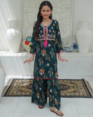 Khanak Stitched Kids-Bottle Green 2Pcs Koti Style With Gharara KST 199