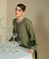 The Thread Line By Kaanthaa Stitched 2 Piece Summer Suit-KEP-03 OLIVE-COTTON DOBBY STITCHED 2PC