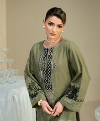 The Thread Line By Kaanthaa Stitched 2 Piece Summer Suit-KEP-03 OLIVE-COTTON DOBBY STITCHED 2PC