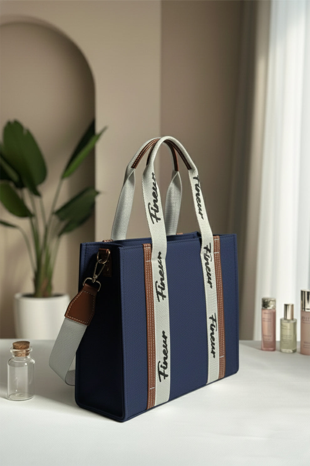 Navy Blue Jute tote bag Chloe style with fineur branding for girls Pakistan