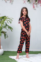 Sprinkles Stitched 1 Piece Summer Jumpsuit Kids Collection'2025-Black with Orange Floral Print Smart Fit Jumpsuit