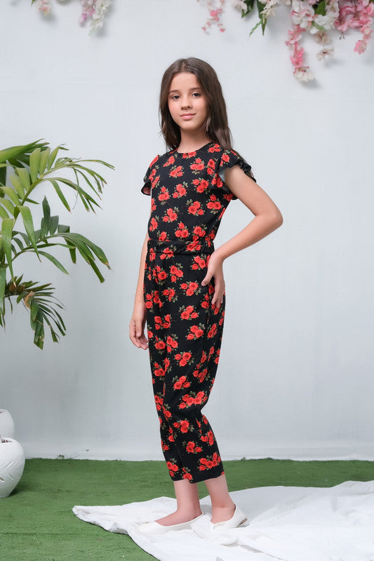 Sprinkles Stitched 1 Piece Summer Jumpsuit Kids Collection'2025-Black with Orange Floral Print Smart Fit Jumpsuit
