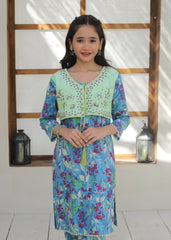 Khanak Stitched Kids-Blue Lagon & Mint Green Koti Style 2Pcs Suit KST 137