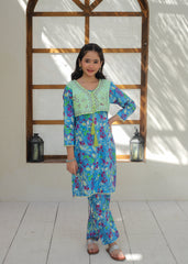 Khanak Stitched Kids-Blue Lagon & Mint Green Koti Style 2Pcs Suit KST 137