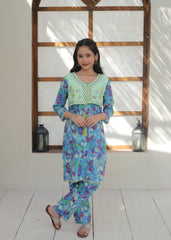 Khanak Stitched Kids-Blue Lagon & Mint Green Koti Style 2Pcs Suit KST 137