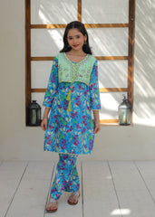 Khanak Stitched Kids-Blue Lagon & Mint Green Koti Style 2Pcs Suit KST 137