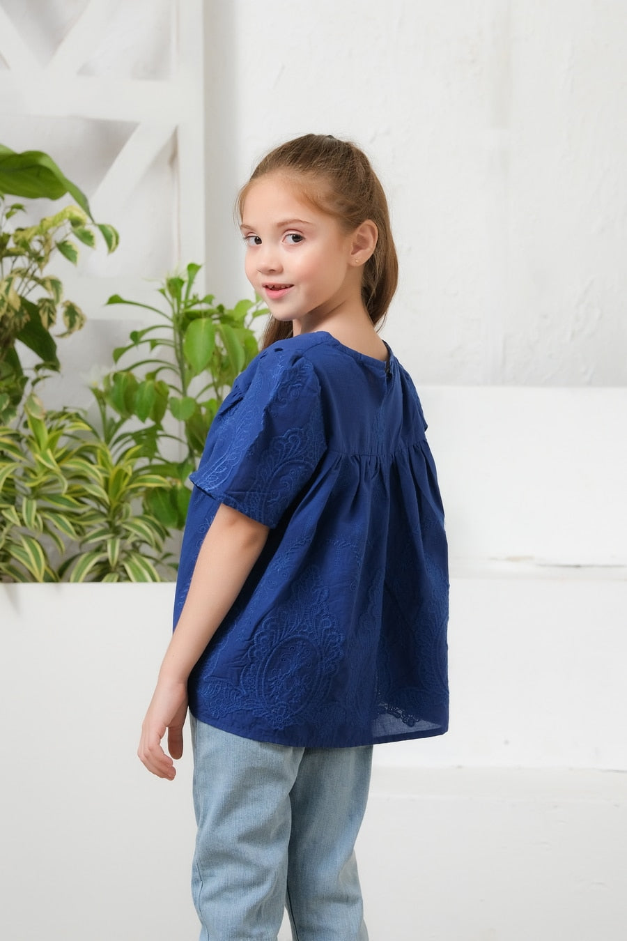 Sprinkles Stitched 1 Piece Summer Shirts Kids Collection'2025-Blue Floral Embroidered Round Neck Top