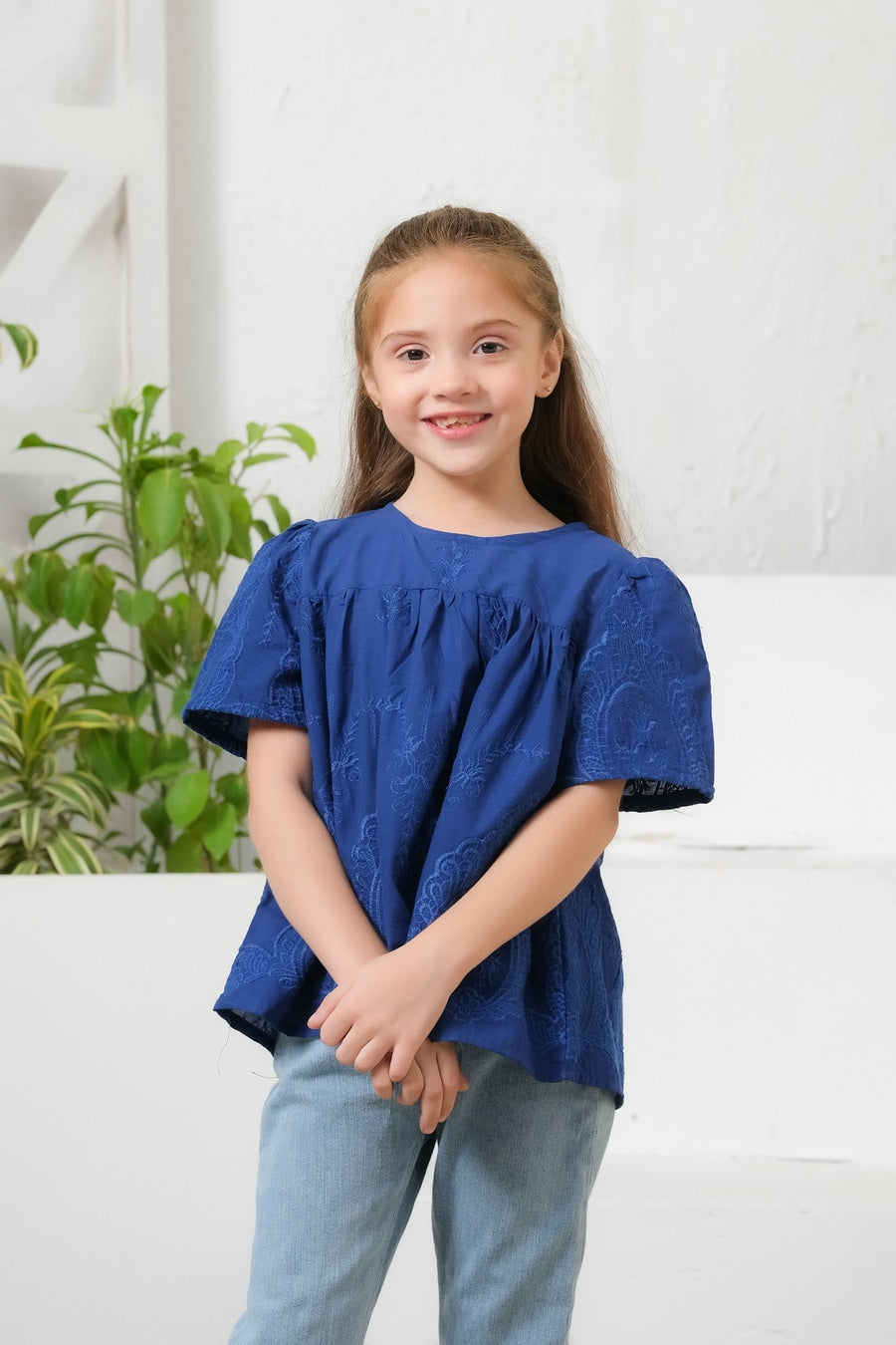 Sprinkles Stitched 1 Piece Summer Shirts Kids Collection'2025-Blue Floral Embroidered Round Neck Top